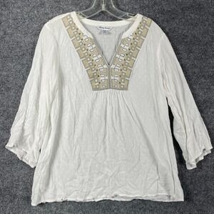 Tommy Bahama Top Womens Medium M White Blouse Embroidered BOHO Oversized Flowy